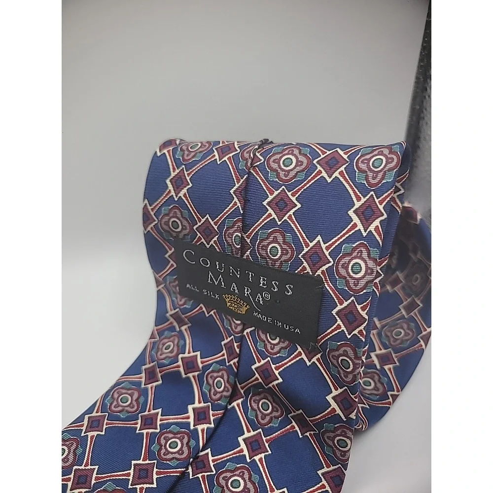 Countess Mara Mens Neck Tie Accesory Blue Red Geometric Shirt Suit